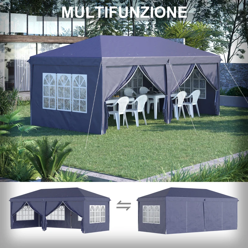 Outsunny Gazebo 6x3 m Pieghevole da Giardino, in Acciaio e Poliestere con 6 Pannelli Laterali, Blu