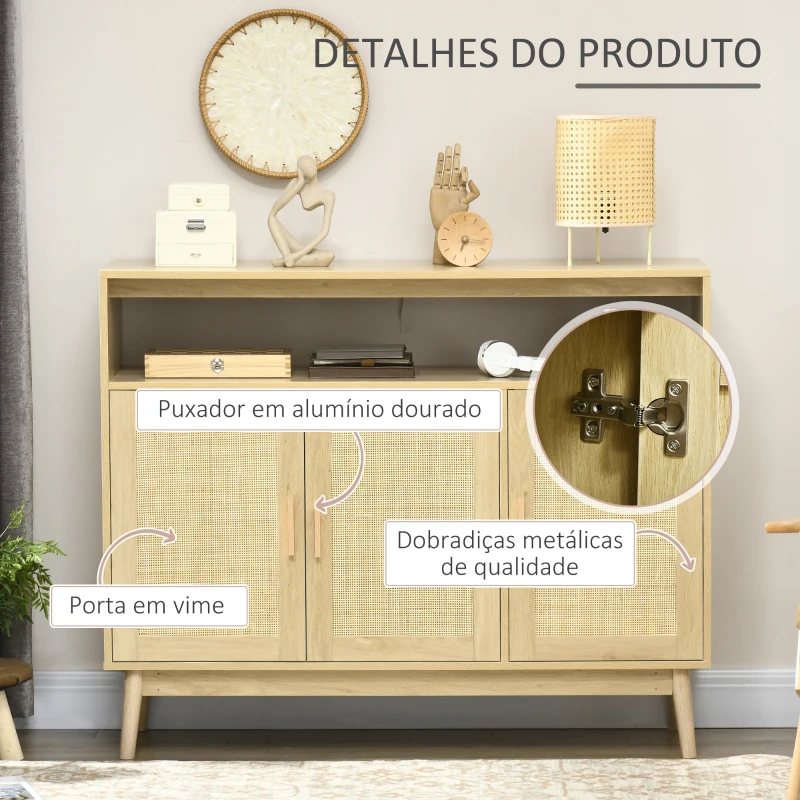 HOMCOM Aparador Sala de Estar de Estilo Cannage com 3 Portas de Vime Prateleiras Ajustáveis e Pés de Madeira 120x40x97 cm Madeira