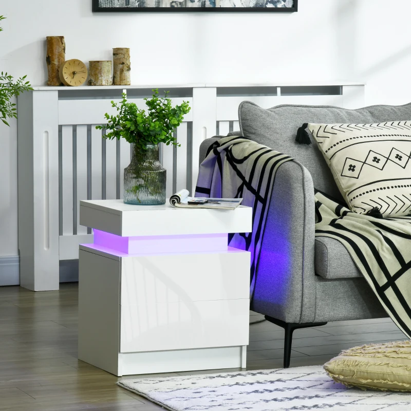 HOMCOM White Bedside Table with LED Light, High Gloss Front Nightstand with 2 Drawers, for Living Room, Bedroom