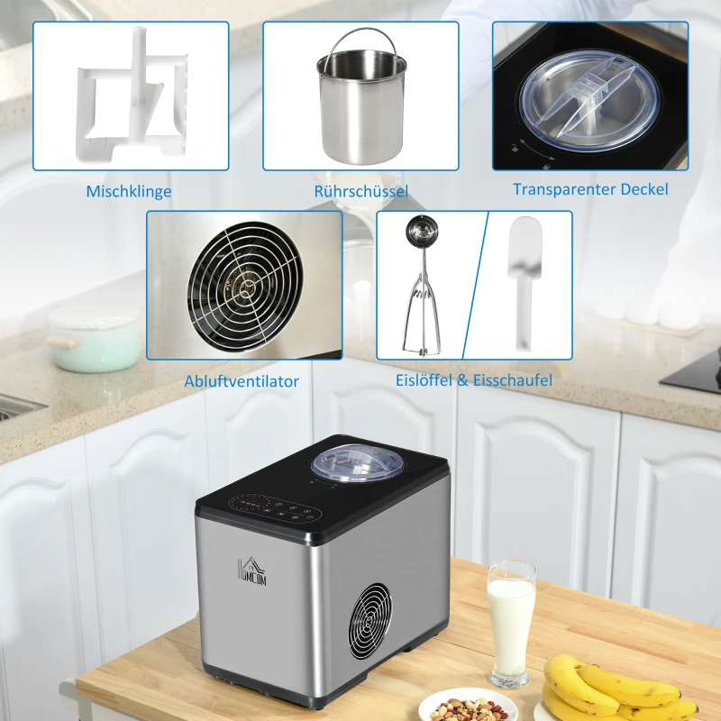 HOMCOM Eismaschine mit Kompressor 1,5L Speiseeisbereiter Eiscrememaschine aus Edelstahl Frozen Eisbereiter Speiseeismaschine Eiscremebereiter mit LED Display 40 Min. DIY Eiscreme 38,4 x 24 x 32 cm
