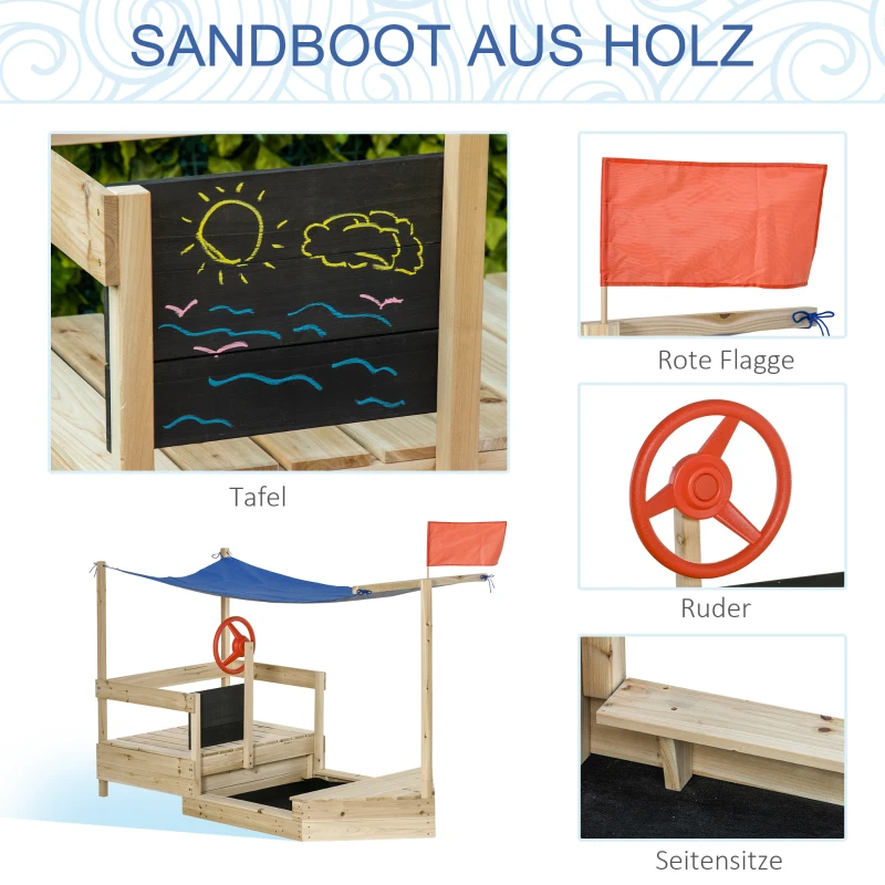Outsunny Sandkasten Sandkiste groß mit Abdeckung Schiff Design Matschekiste aus Holz Sitzbank Flaggenmast Segelschiff Spielhaus für Kinder 3-8 Jahre Natur 180 x 91,5 x 144 cm