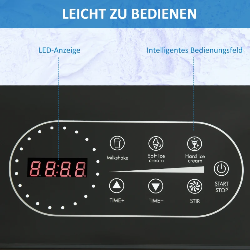 HOMCOM Eismaschine mit Kompressor 1,5L Speiseeisbereiter Eiscrememaschine aus Edelstahl Frozen Eisbereiter Speiseeismaschine Eiscremebereiter mit LED Display 40 Min. DIY Eiscreme 38,4 x 24 x 32 cm