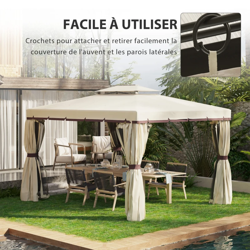 Outsunny Toile de rechange pour pavillon tonnelle tente polyester haute densité 4 rideaux 4 moustiquaires 389 x 290 cm beige