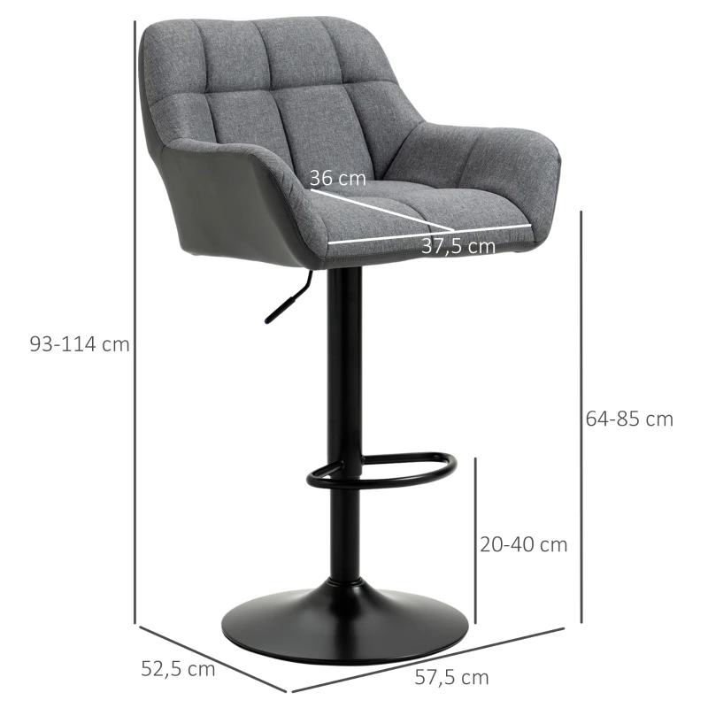 HOMCOM Barhocker 2er-Set Retro-Design höhenverstellbar Kunstleder Leinenoptik Grau + Schwarz
