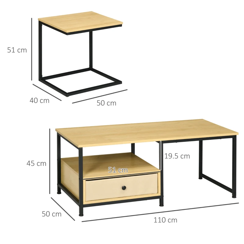 Set 2 piese HOMCOM cu masuta de cafea si masa laterala in forma de C din otel si PA, culoarea lemnului