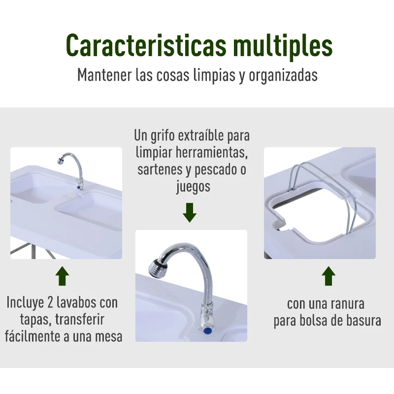 Outsunny Mesa Plegable Multifuncional 2 en 1 Mesa+Estación de Limpieza Mesa de Picnic con Grifo y 2 Fregaderos para Pesca Jardín Camping Barbacoa Exteriores 101x66x81cm