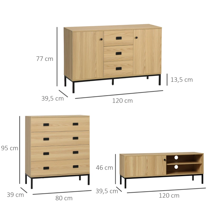HOMCOM Ensemble de commode 4 tiroirs, buffet et meuble TV - étagère réglable - banc TV avec passe-câbles porte coulissante