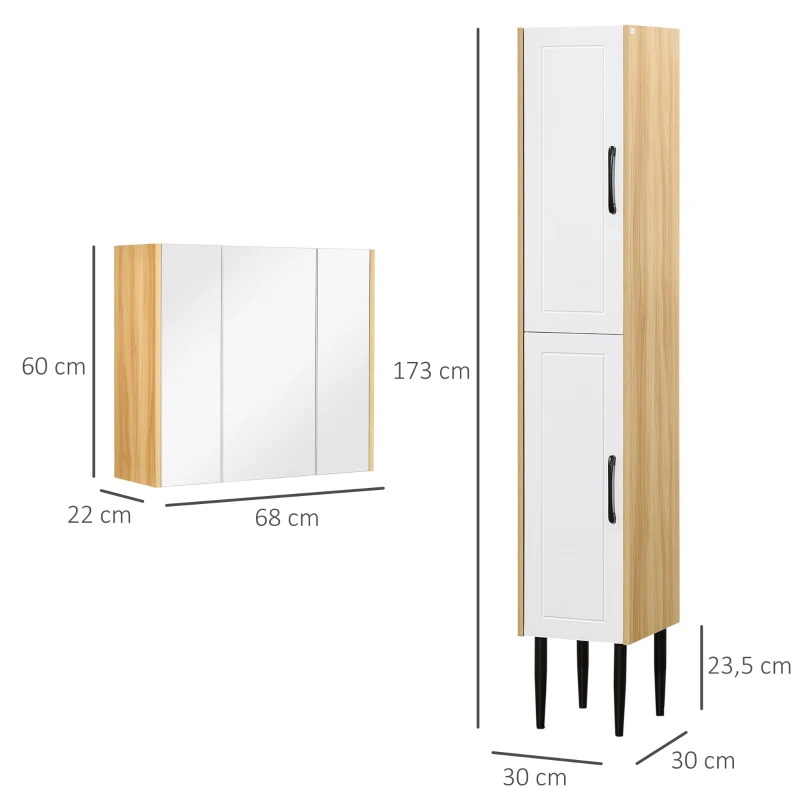 kleankin Lot de meuble à miroir et meuble colonne de salle de bain multi-rangement étagères réglables aspect chêne clair blanc
