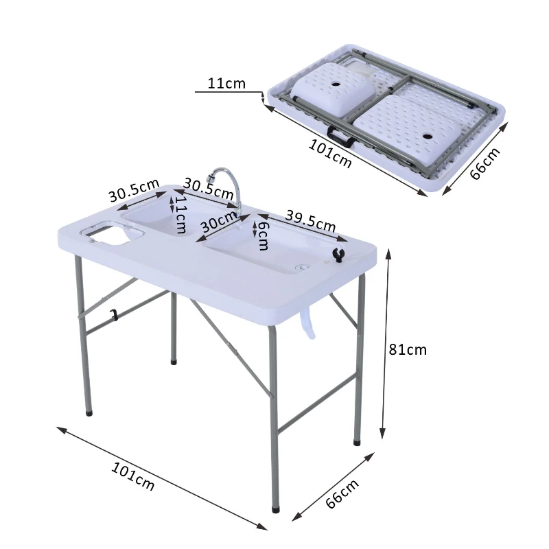 Outsunny Mesa Plegable Multifuncional 2 en 1 Mesa+Estación de Limpieza Mesa de Picnic con Grifo y 2 Fregaderos para Pesca Jardín Camping Barbacoa Exteriores 101x66x81cm