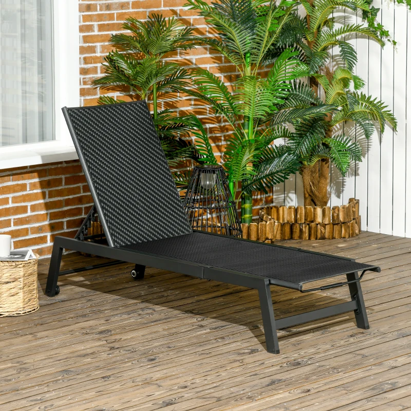 Outsunny Chaise longue bain de soleil en résine tressée imitation rotin avec roues dossier inclinable aluminium noir