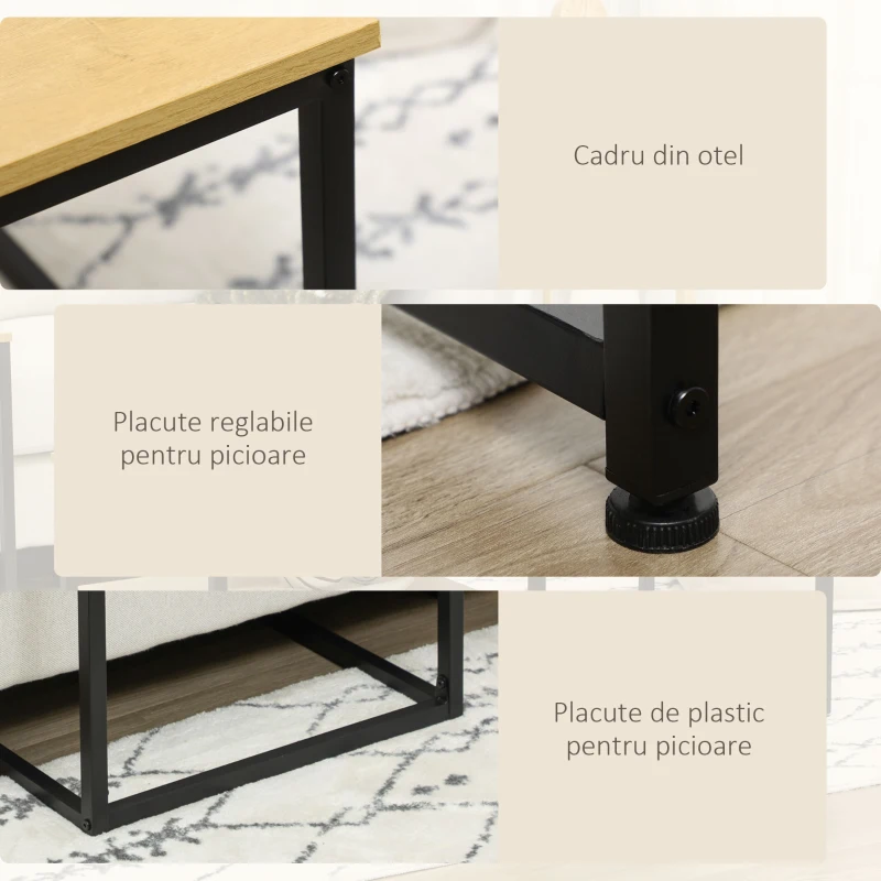 Set 2 piese HOMCOM cu masuta de cafea si masa laterala in forma de C din otel si PA, culoarea lemnului