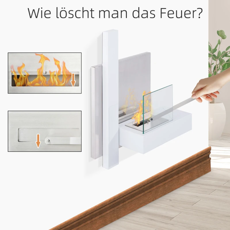 HOMCOM Ethanolhaard bio-ethanolbrander 1,5 L 3 uur. Brandduur met een klep accessoires voor wandmontage rookvrij Bauhaus Design RVS wit 75 x 22 x 63 cm(m-5)