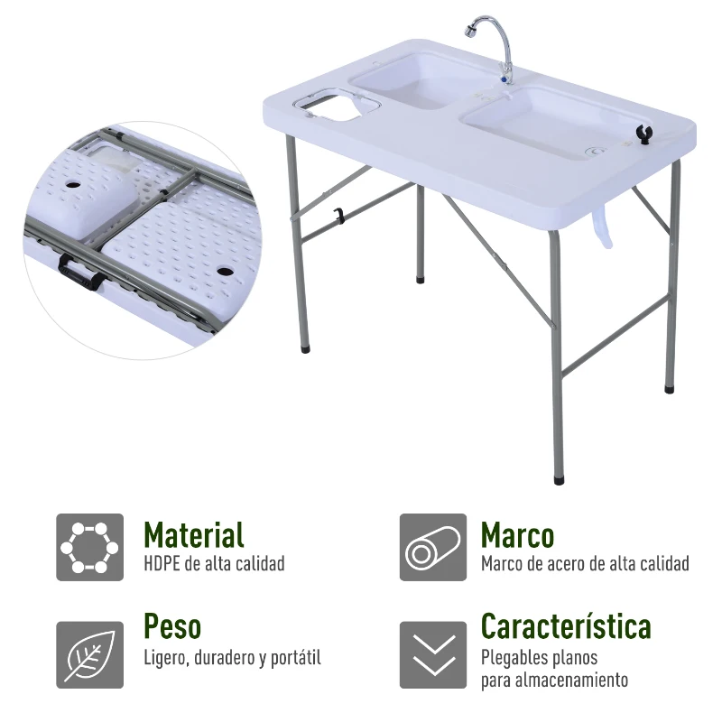 Outsunny Mesa Plegable Multifuncional 2 en 1 Mesa+Estación de Limpieza Mesa de Picnic con Grifo y 2 Fregaderos para Pesca Jardín Camping Barbacoa Exteriores 101x66x81cm