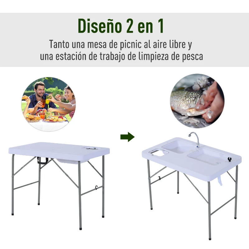 Outsunny Mesa Plegable Multifuncional 2 en 1 Mesa+Estación de Limpieza Mesa de Picnic con Grifo y 2 Fregaderos para Pesca Jardín Camping Barbacoa Exteriores 101x66x81cm
