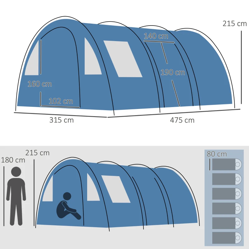 Outsunny Cort de Camping pentru 5-6 Persoane cu 2 Uși, Ferestre și Buzunare de Depozitare, 475x315x215 cm, Albastru