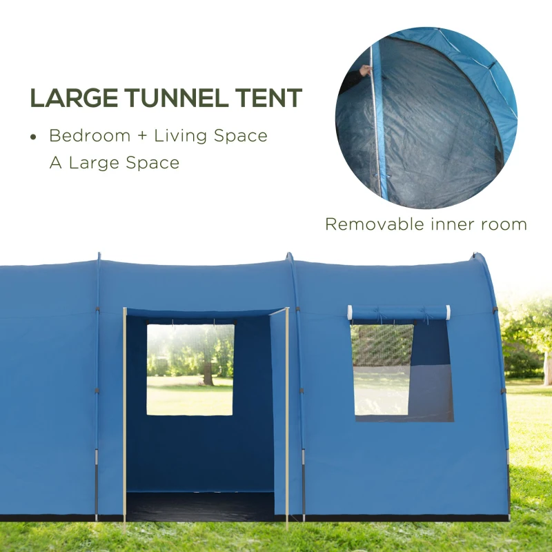 Outsunny 5-6 Man Tunnel Tent, Two Room Camping Tent with Floor, 2 Doors and Carry Bag, 2000mm Water Column for Fishing, Hiking, Sports, Festival