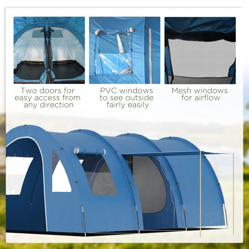 Outsunny Cort de Camping pentru 5-6 Persoane cu 2 Uși, Ferestre și Buzunare de Depozitare, 475x315x215 cm, Albastru