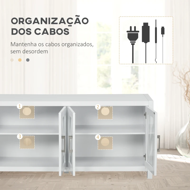 HOMCOM Móvel de TV para Televisores de até 58" com 4 Portas de Vidro Temperado e Prateleiras Ajustáveis 130x35x60 cm Branco