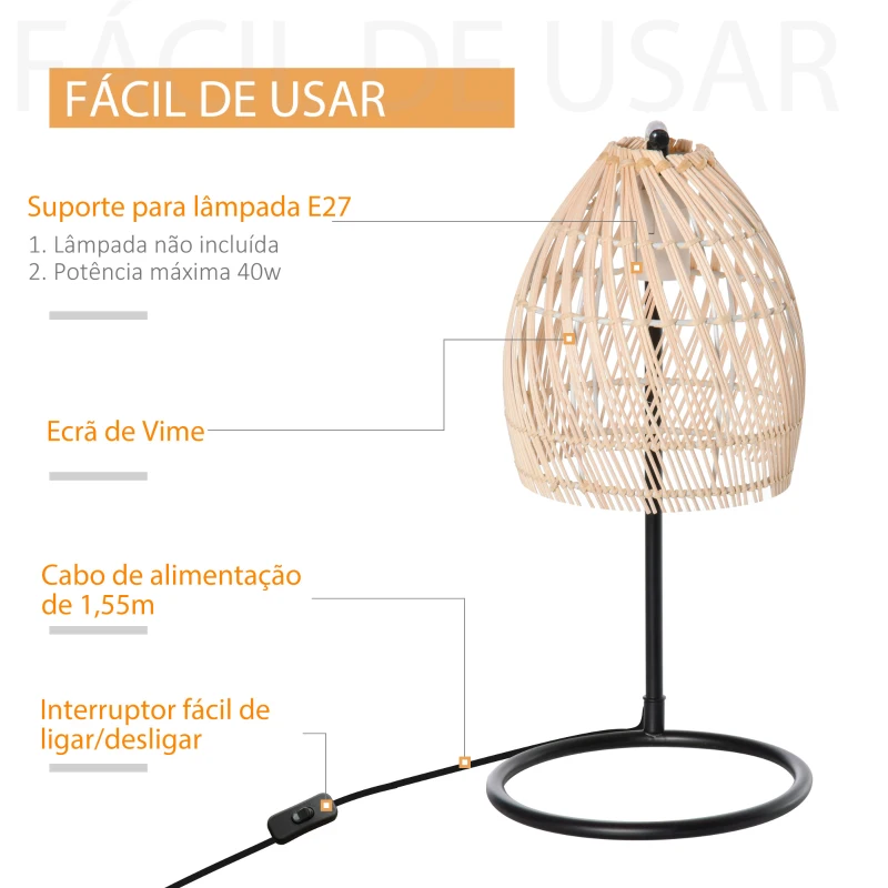 HOMCOM Candeeiro de Mesa com Suporte para Lâmpada E27 Máx. 40W Candeeiro Decorativo com Ecrã de Vime Ø20x41 cm Bege e Preto