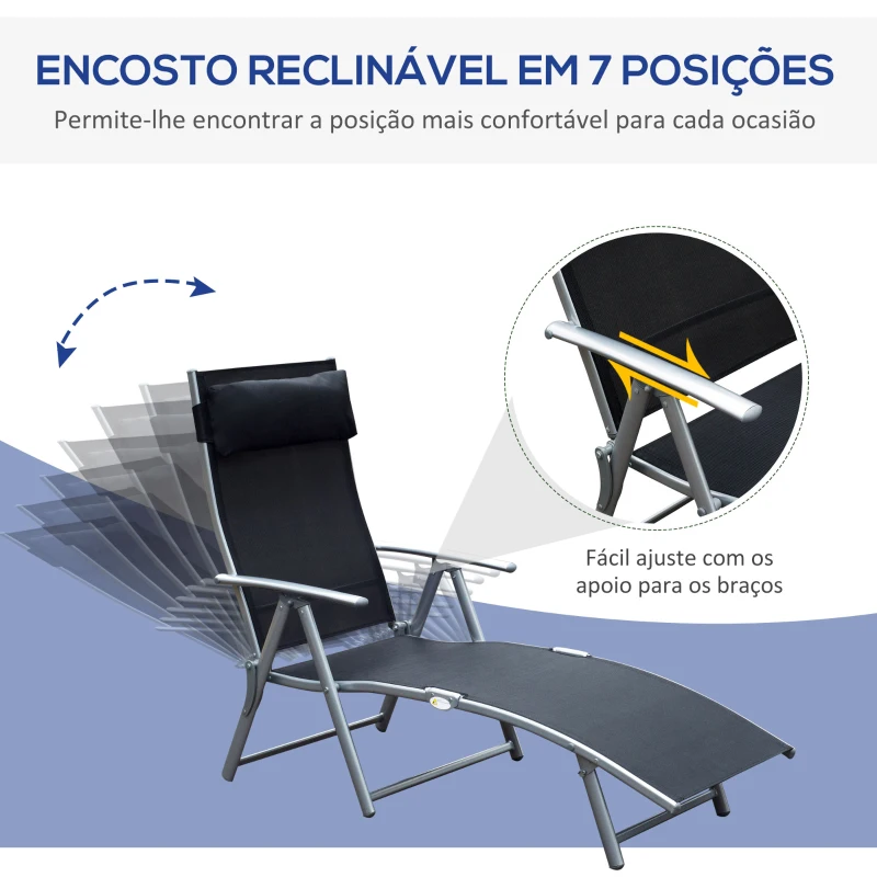 Outsunny Espreguiçadeira Dobrável de Jardim com Encosto Ajustável em 7 Posições Apoio para a Cabeça 137x63,5x100,5cm Preto