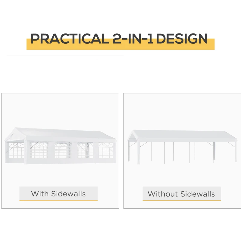 Outsunny Pavilion pentru extern cort pentru petreceri, căsătorii cadru din oțel impermeabil, Alb, 8x4x2.8m