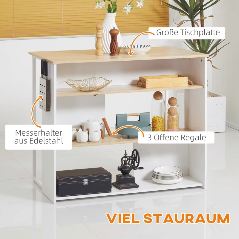 HOMCOM Kücheninsel, klappbare Arbeitsplatte, Messerhalter, 3 Regalfächer, Eichenoptik, 105 x 65 x 90 cm