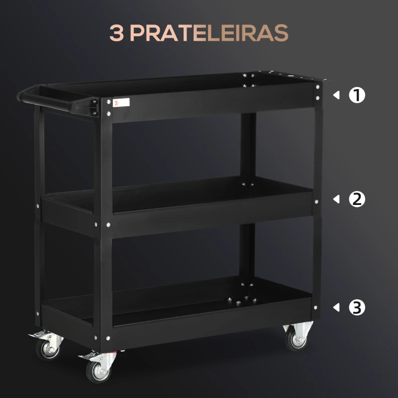 DURHAND Carrinho de Ferramentas com Rodas 3 Prateleiras de Armazenamento e Alça Lateral 83x35,3x76 cm Preto