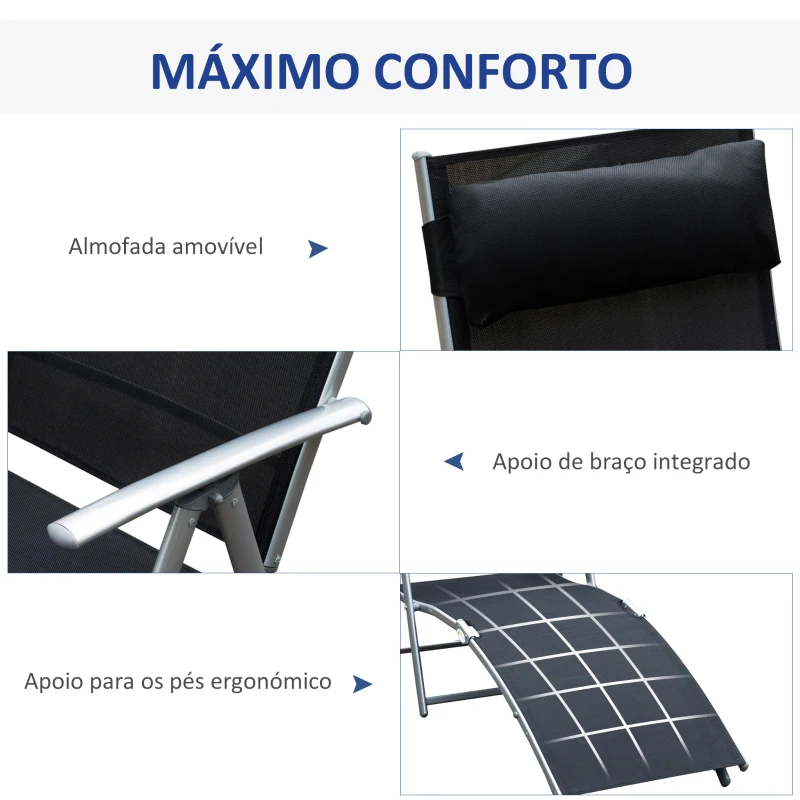 Outsunny Espreguiçadeira Dobrável de Jardim com Encosto Ajustável em 7 Posições Apoio para a Cabeça 137x63,5x100,5cm Preto