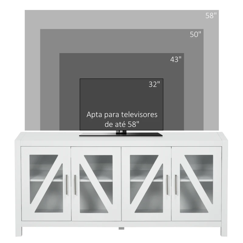 HOMCOM Móvel de TV para Televisores de até 58" com 4 Portas de Vidro Temperado e Prateleiras Ajustáveis 130x35x60 cm Branco