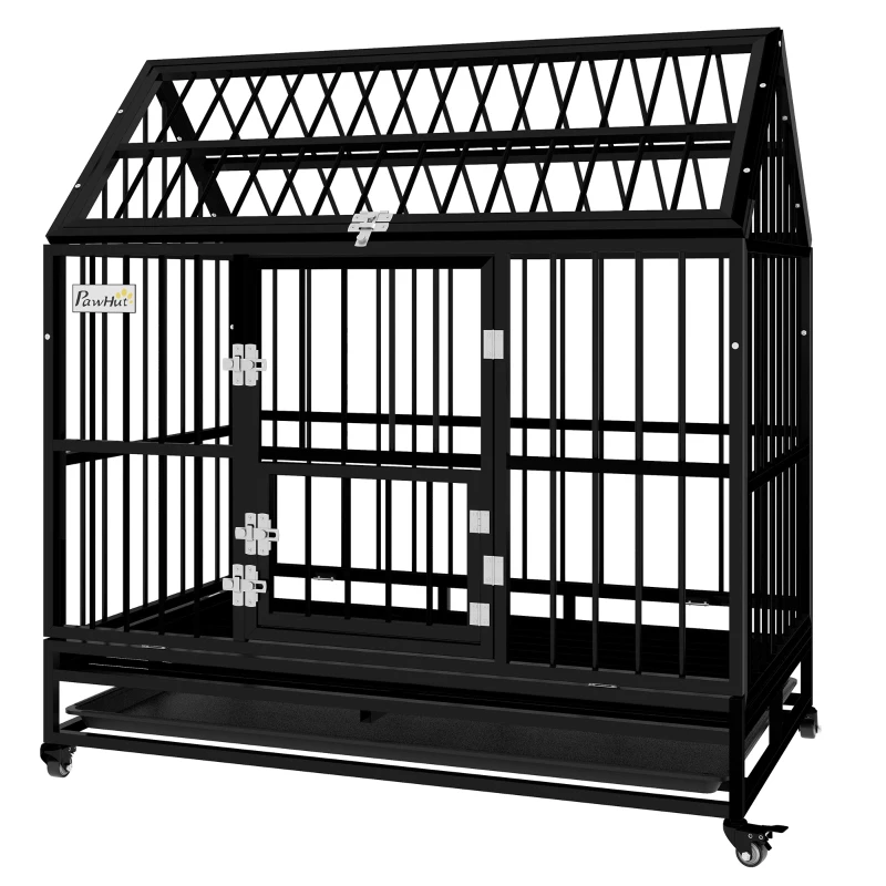 PawHut 48" Heavy Duty Dog Crate on Wheels, with Removable Tray, Openable Top, for L, XL Dogs - Black