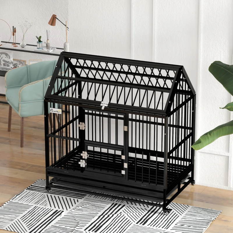 PawHut 48" Heavy Duty Dog Crate on Wheels, with Removable Tray, Openable Top, for L, XL Dogs - Black