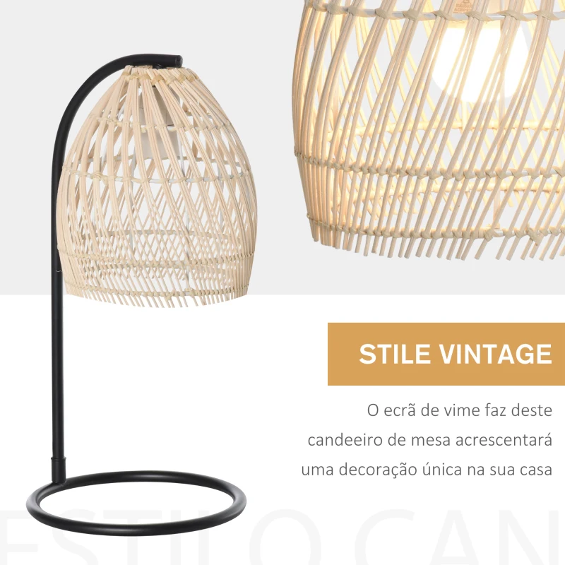 HOMCOM Candeeiro de Mesa com Suporte para Lâmpada E27 Máx. 40W Candeeiro Decorativo com Ecrã de Vime Ø20x41 cm Bege e Preto