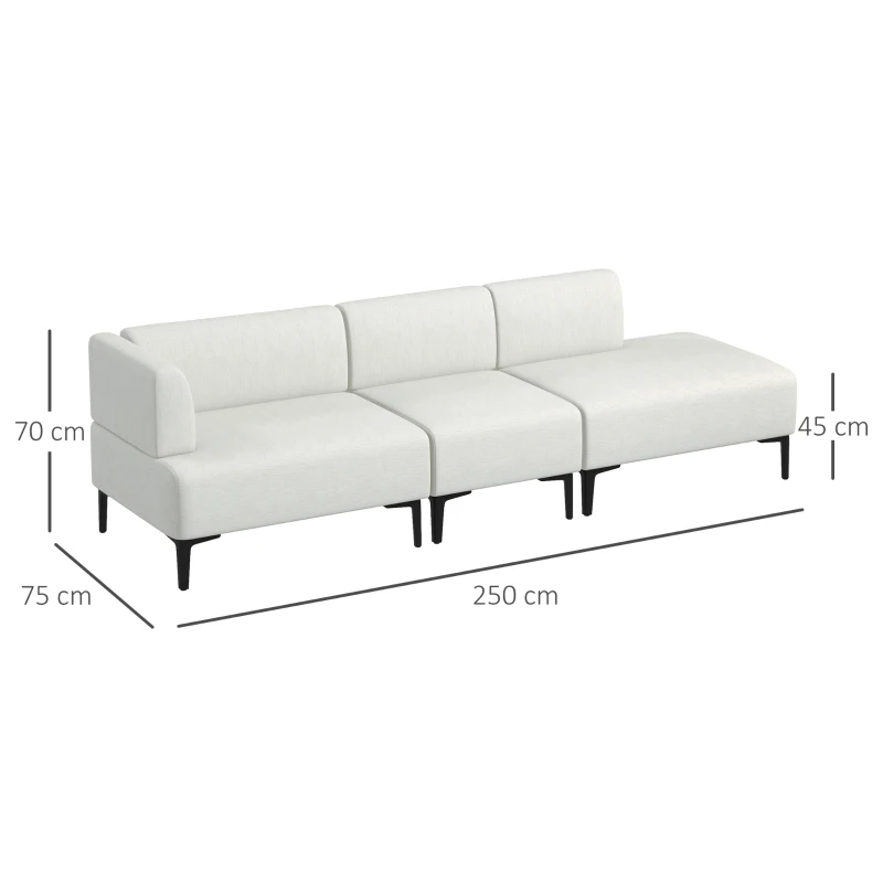 HOMCOM Divano Moderno Modulabile a 3 Sezioni in Tessuto con Gambe in Acciaio, 250x75x70cm, Crema
