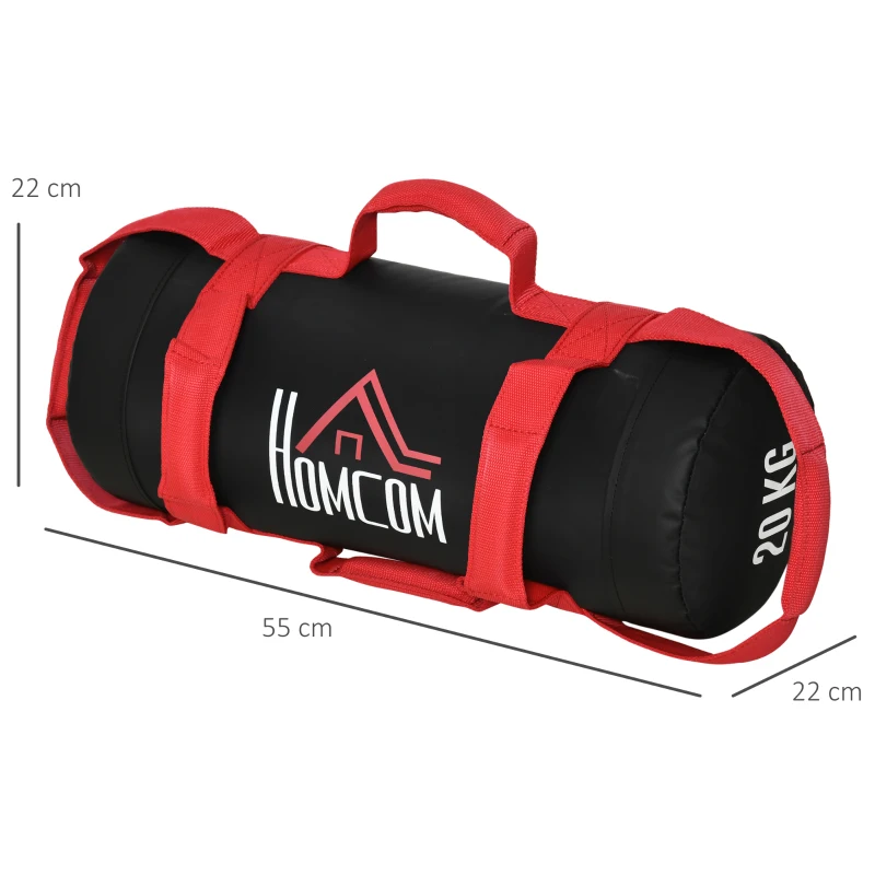 HOMCOM Sacca Bulgara da 20kg con 6 Cinghie per Allenamento Fitness in Casa, Ufficio e Palestra, Ø22x55 cm, Nero e Rosso