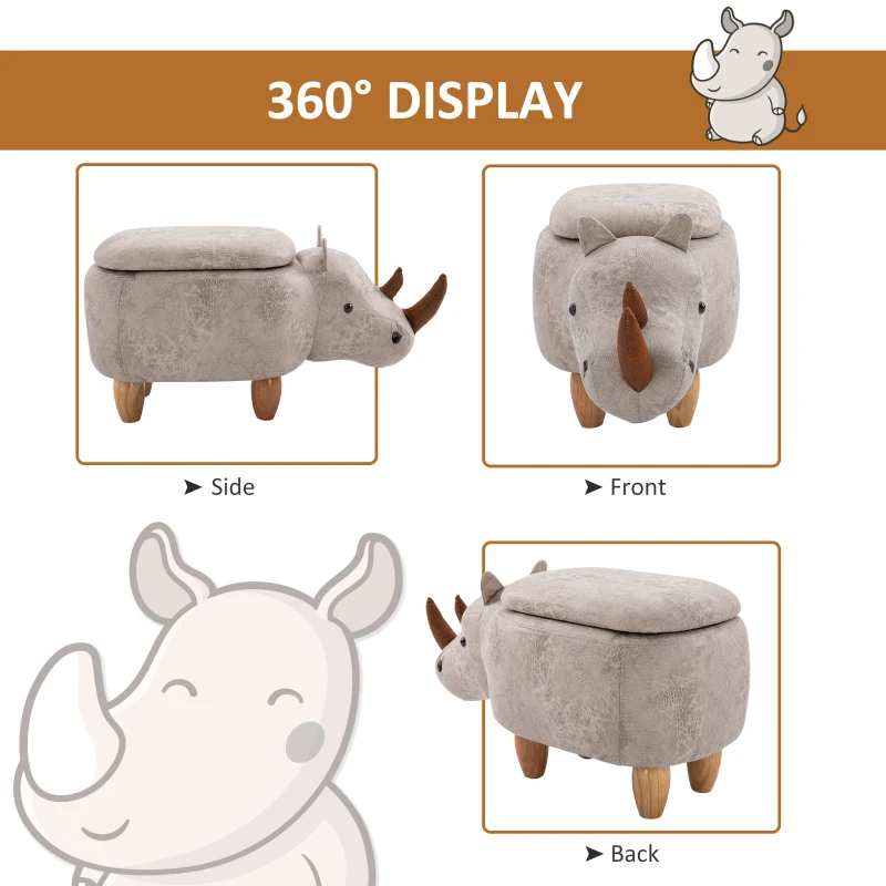 HOMCOM Rhino Storage Stool Cute Decoration Footrest Wood Frame Legs w/ Padding Lid Ottoman Animal Furniture Grey 36x70cm