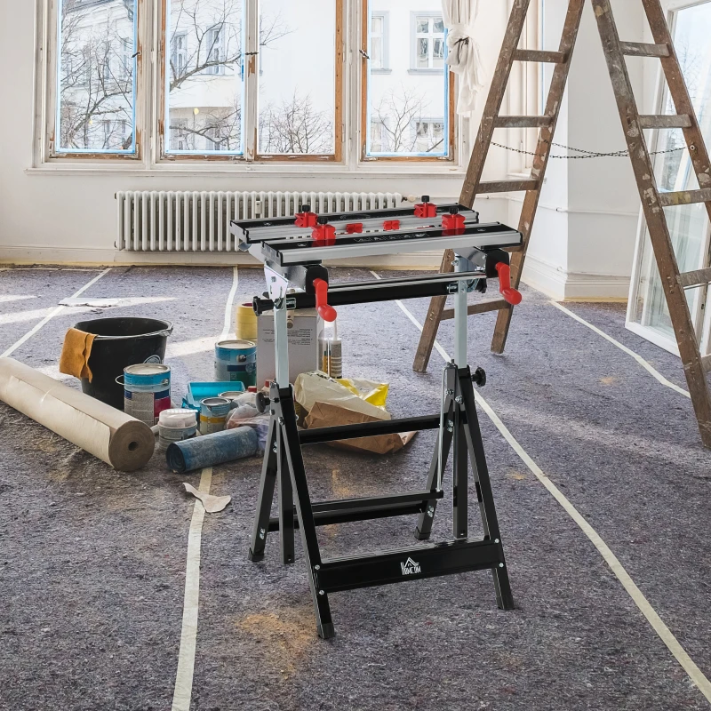 HOMCOM Foldable Work Bench Tool Stand with Adjustable Height and Clamps, Carpenter Saw Table, Heavy Duty Steel Frame, 100kg Capacity