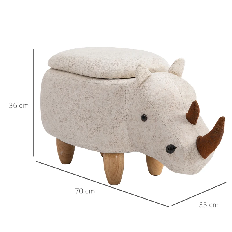 HOMCOM Rhino Storage Stool Cute Decoration Footrest Wood Frame Legs w/ Padding Lid Ottoman Animal Furniture Cream 36x70cm