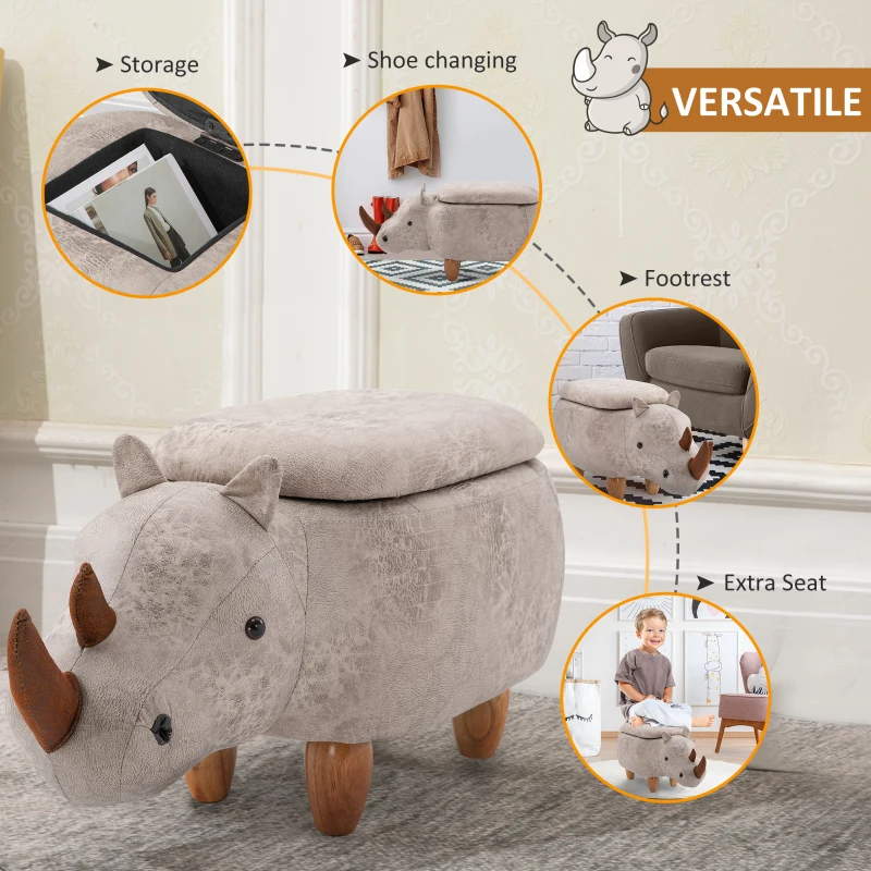 HOMCOM Rhino Storage Stool Cute Decoration Footrest Wood Frame Legs w/ Padding Lid Ottoman Animal Furniture Grey 36x70cm