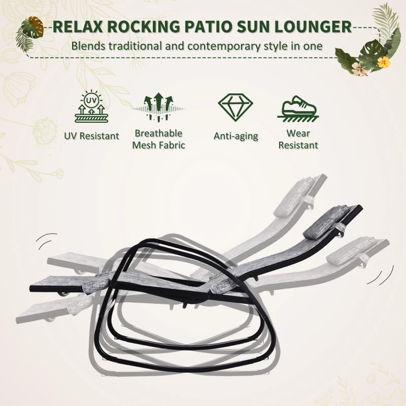 Outsunny Garden Rocking Chair with 5-Level Adjustable Backrest, Rocking Sun Lounger with Removeable Headrest Pillow, Footrest, Armrest and Safety Stopper, Grey