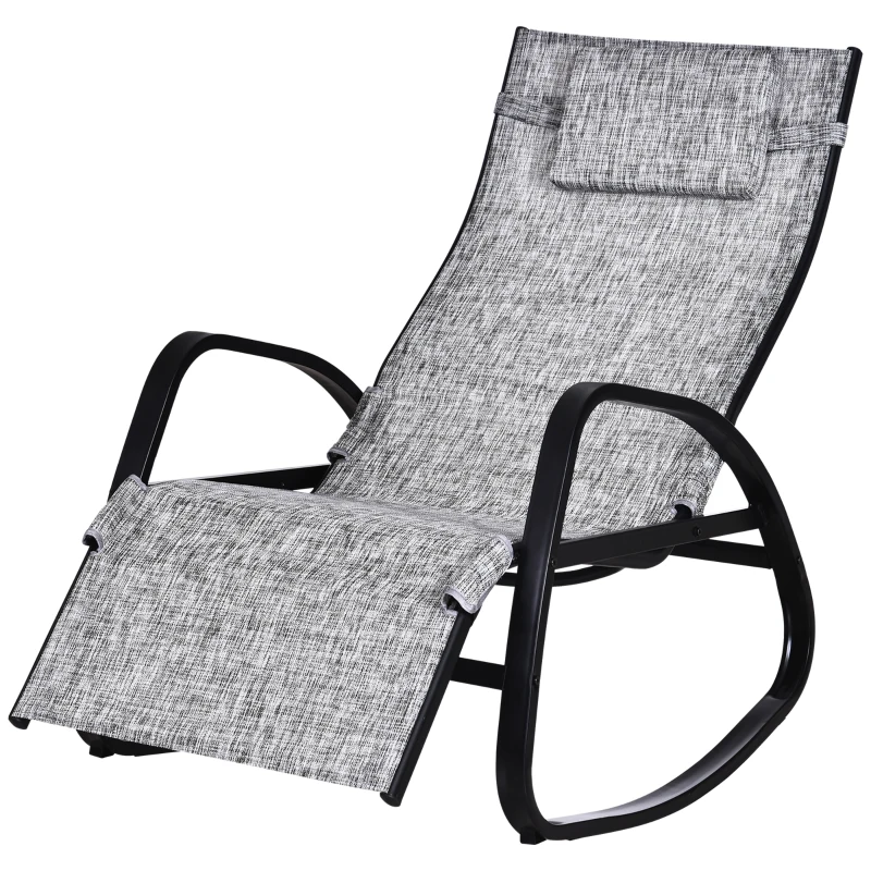 Outsunny Garden Rocking Chair with 5-Level Adjustable Backrest, Rocking Sun Lounger with Removeable Headrest Pillow, Footrest, Armrest and Safety Stopper, Grey