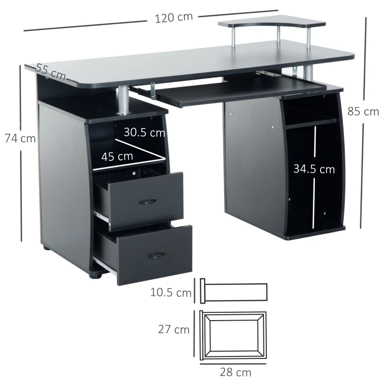 HOMCOM Wooden Office Computer PC Table Desk Desktop Home Furniture Workstation w/ Drawers Shelves Keyboard Shelf (Black)