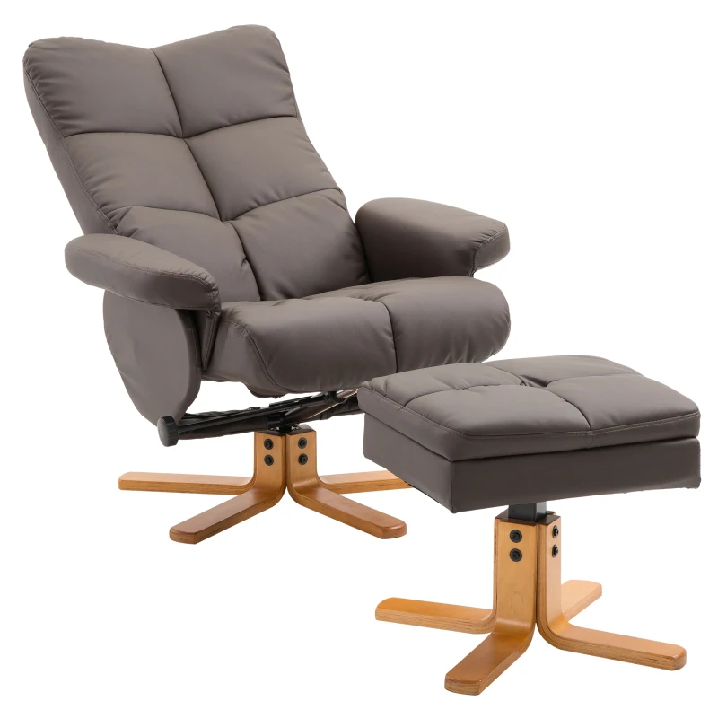 HOMCOM Faux Leather Swivel Recliner Chair with Footstool, Wooden Base and Storage for Living Room, Brown