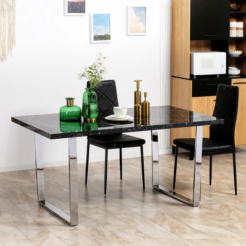 HOMCOM Modern Dining Room Table Rectangular Kitchen Table for 6-8 People with Marble Effect Tabletop Steel Legs 160 cm Black