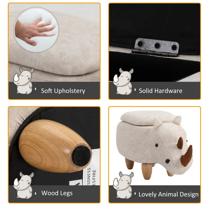 HOMCOM Rhino Storage Stool Cute Decoration Footrest Wood Frame Legs w/ Padding Lid Ottoman Animal Furniture Cream 36x70cm