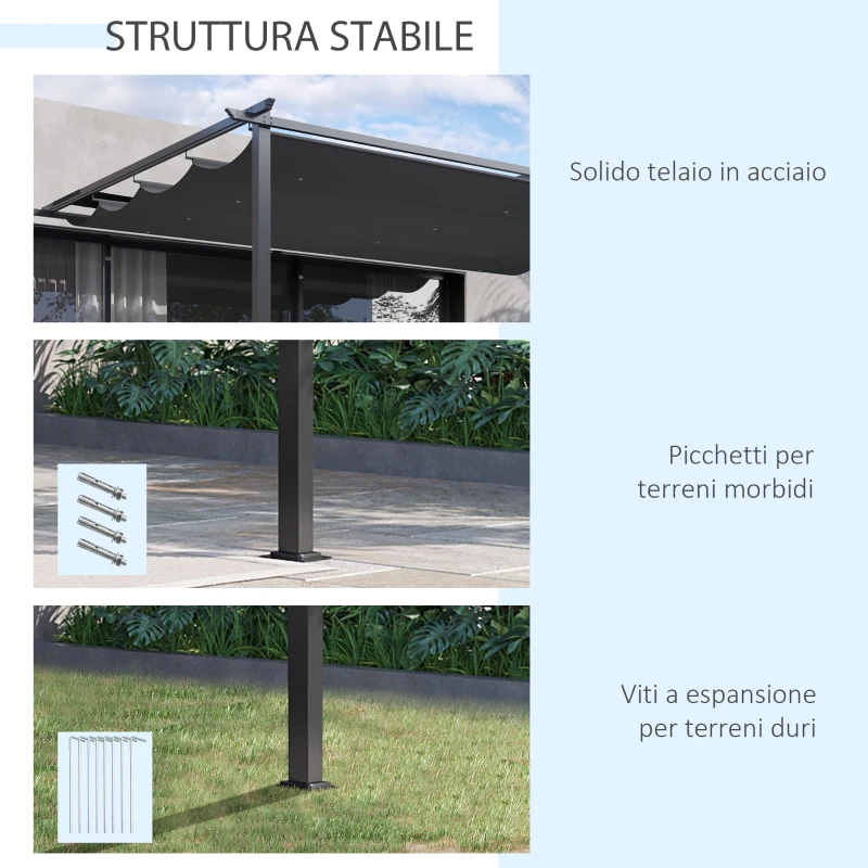 Outsunny Gazebo Pergola 4x3m in Acciaio e Poliestere con Tettuccio Scorrevole, Grigio