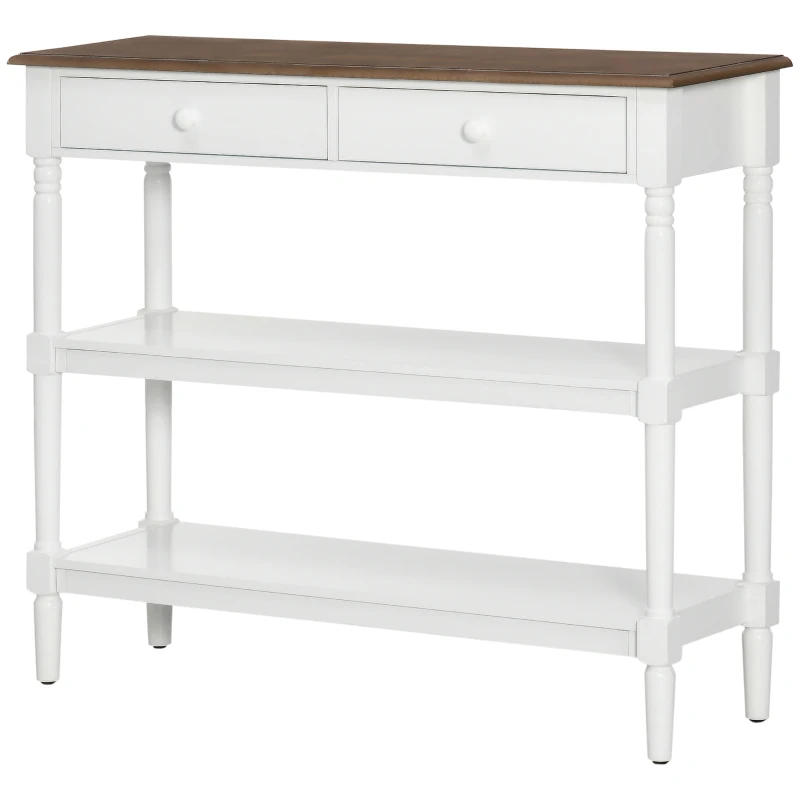 HOMCOM Console Table, Farmhouse Hallway Table with Storage Shelves and 2 Drawers, Narrow Sofa Table with Pine Wood Legs for Living Room, Entryway, White