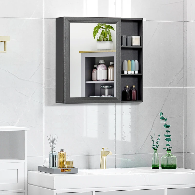 kleankin Bathroom Mirror Cabinet with Shelves, Wall Mounted Bathroom Cabinet with Aluminium Frame and Single Mirrored Door, 80cm x 12.5cm x 70cm, Grey