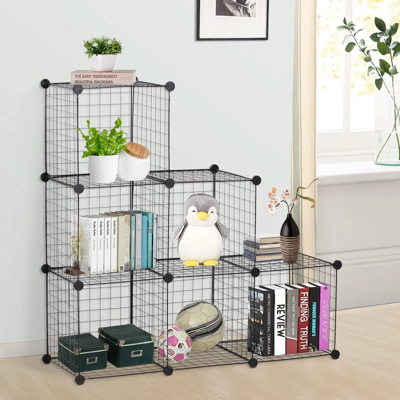 HOMCOM DIY 6 Cube Metal Wire Rack Interlocking Storage Cabinet Living Room Organiser Display Shelves Black