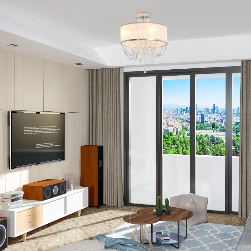 HOMCOM Elegant Metal Ceiling Light Chandelier with Pleated Fabric Lampshade, Decorative Crystal Pendants, for Living Room, Dining Room, Bedroom, White