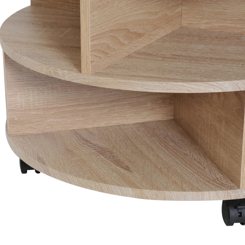 HOMCOM Round Coffee Table with Wheels, 3-Tier Rolling Side Table for Living Room with Divided Shelves, Natural